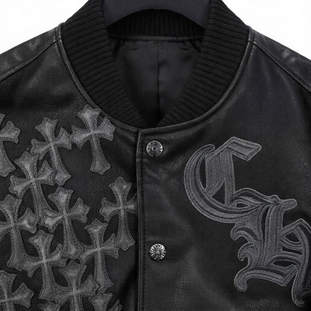 Snow Fire Leather Black Silver Embroidered Genuine Leather Jacket