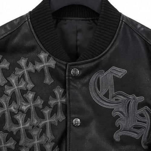 Snow Fire Leather Black Silver Embroidered Genuine Leather Jacket