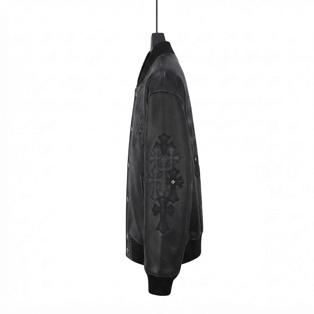 Snow Fire Leather Black Silver Embroidered Genuine Leather Jacket
