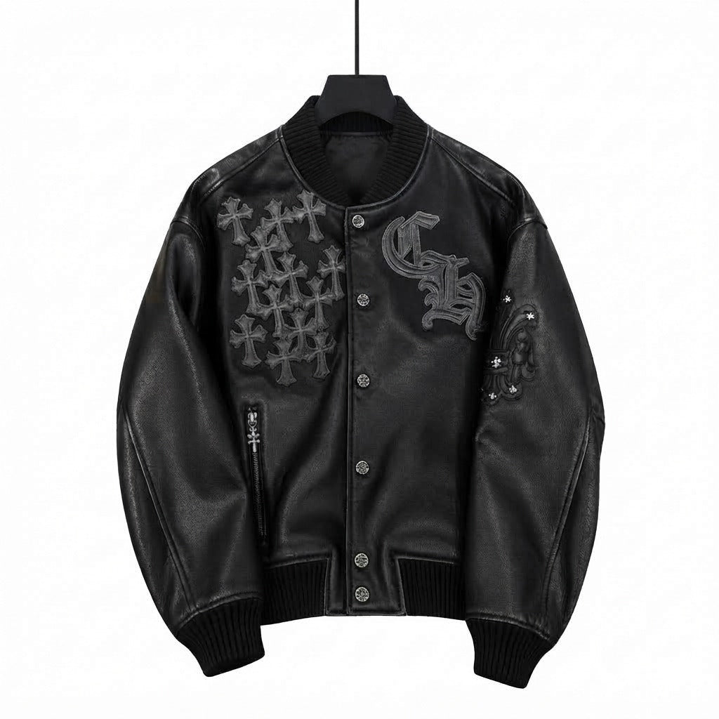 Snow Fire Leather Black Silver Embroidered Genuine Leather Jacket