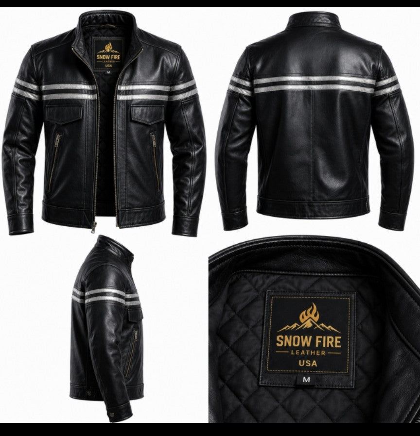 Snow Fire Men’s Premium Black Genuine Leather Racing Jacket