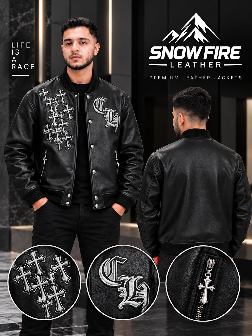 Snow Fire Leather Black Silver Embroidered Genuine Leather Jacket