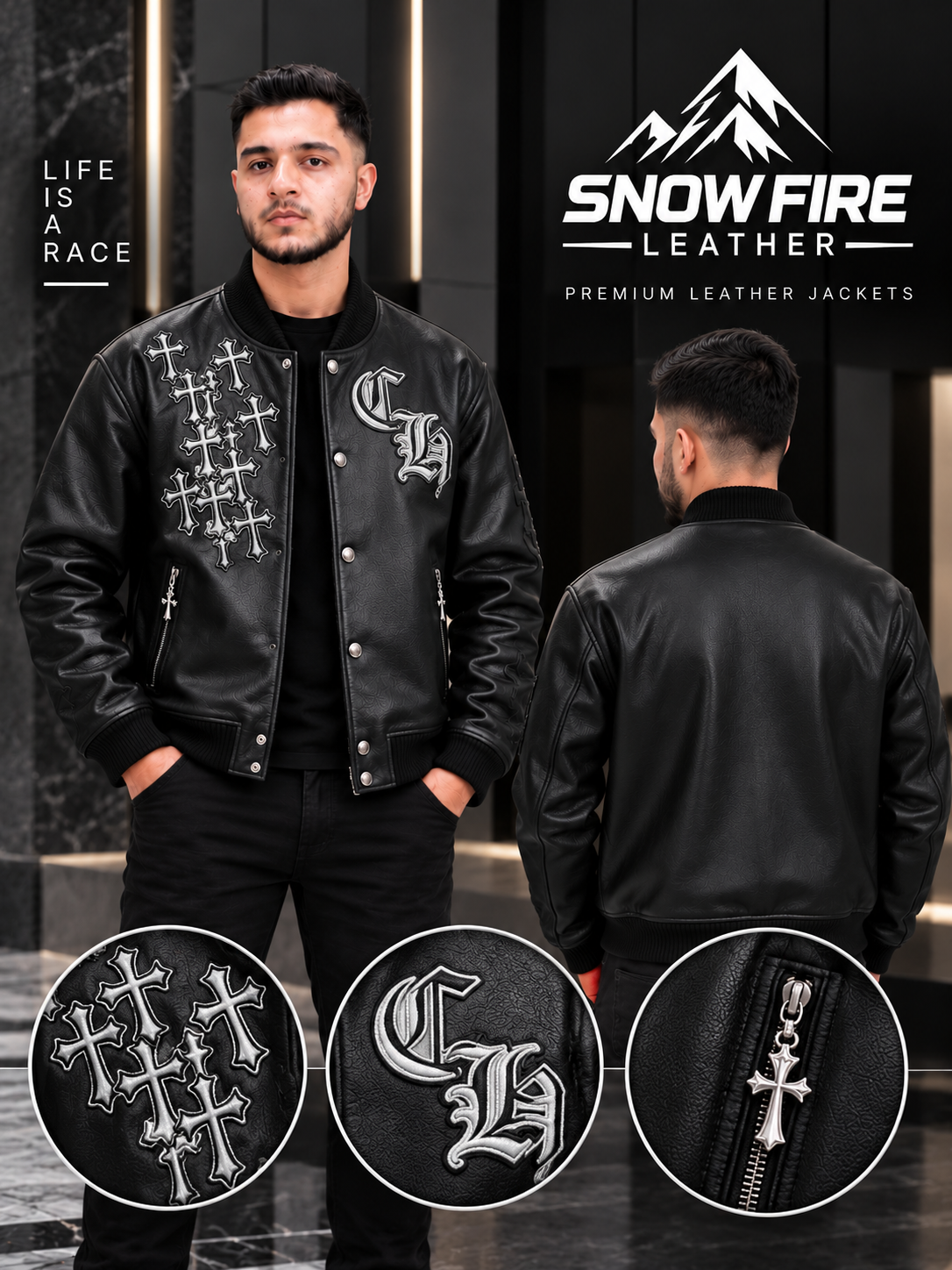 Snow Fire Leather Black Silver Embroidered Genuine Leather Jacket