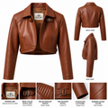Women's premium brown genuine leather jacket with front, back, and side views, quilted shoulders and adjustable buckles – Snow Fire Leather