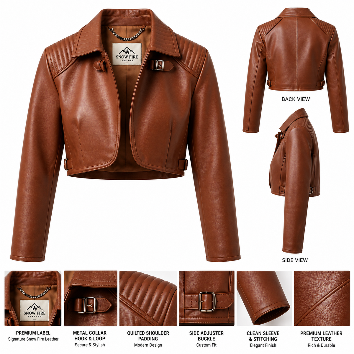 Women's premium brown genuine leather jacket with front, back, and side views, quilted shoulders and adjustable buckles – Snow Fire Leather