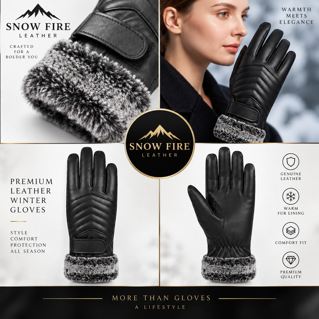 Snow Fire Leather – Black Genuine Leather Winter Gloves with Fur Cuff